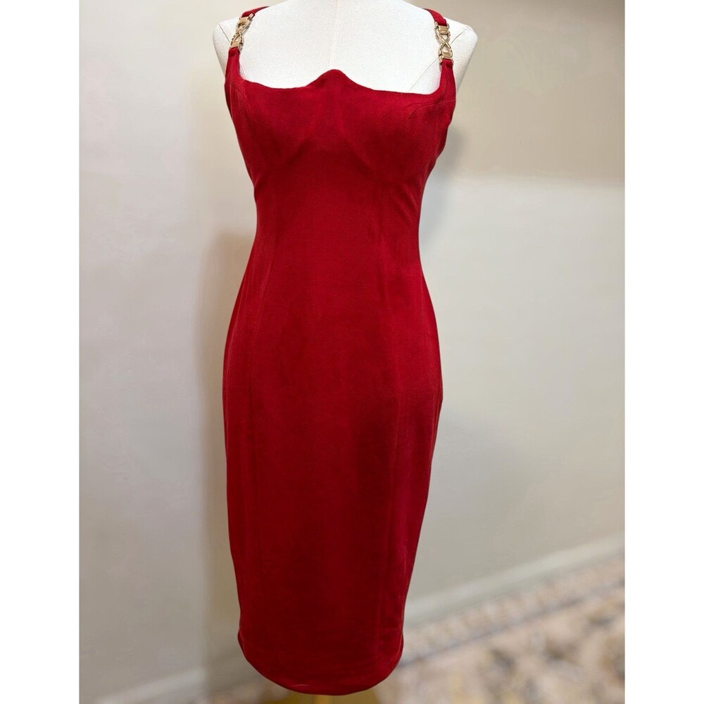 oh POLLY Women's Red Velvet Sweetheart Bodycon Midi Dress Strappy Sleeveless 8